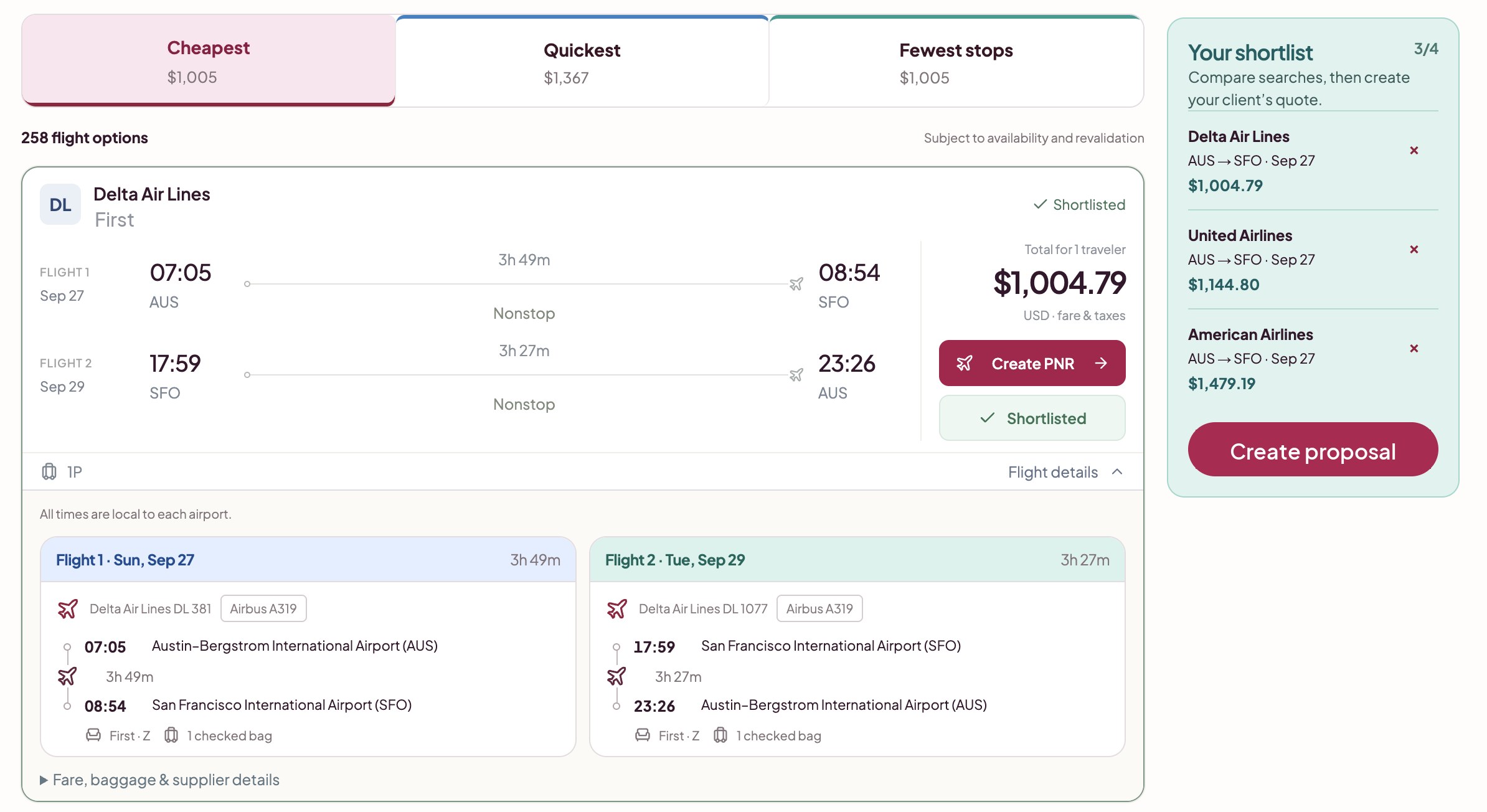 Travel workspace showing flight comparisons and a shortlist